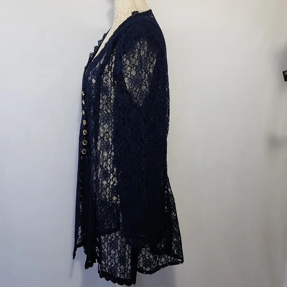 Beautiful U Women L Navy Blue Crochet Lace Scalloped Hem Button Front Cardigan